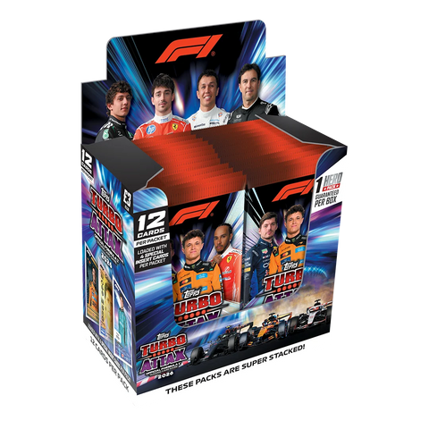 2026 Topps Formula 1 Turbo Attax Full Box – geöffnetes Display mit roten Booster Packs