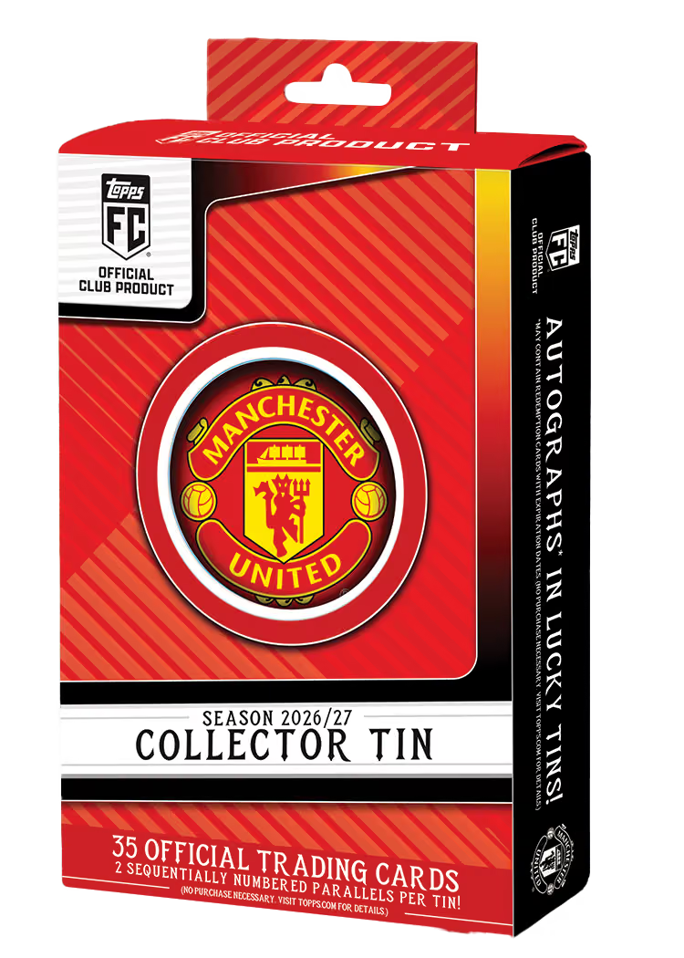 Topps Collector Tin Manchester United 2026/27 – rote Verpackung mit Vereinswappen