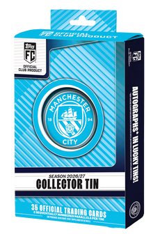 Topps Collector Tin Manchester City 2026/27 – himmelblaue Verpackung mit Vereinswappen