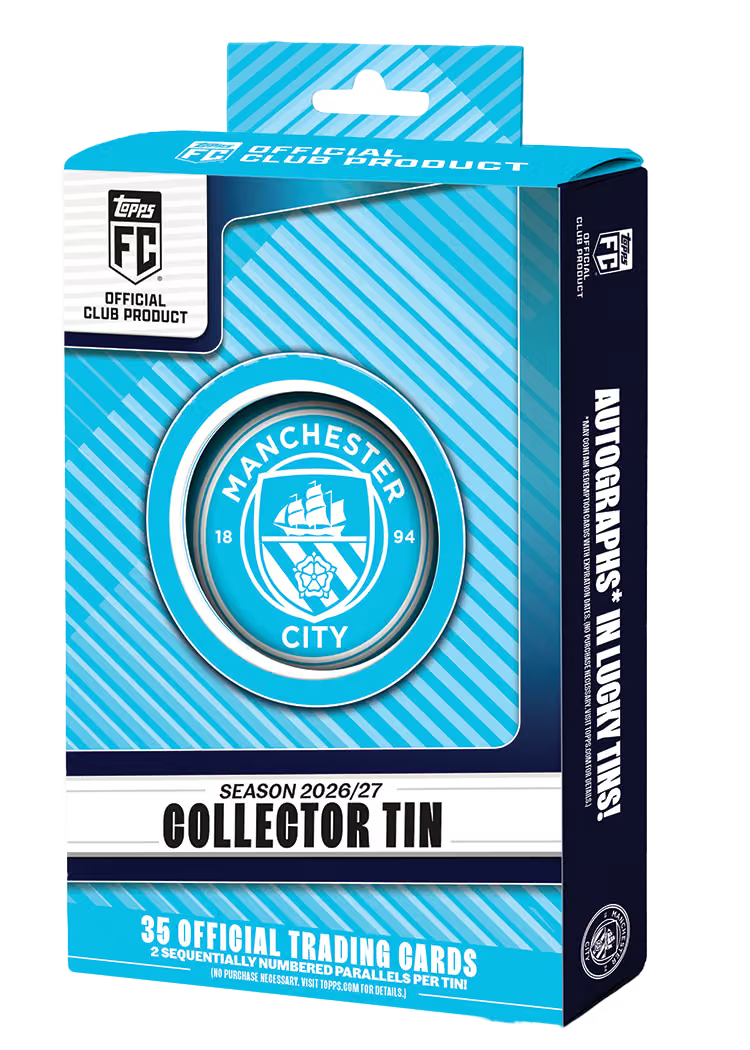Topps Collector Tin Manchester City 2026/27 – himmelblaue Verpackung mit Vereinswappen
