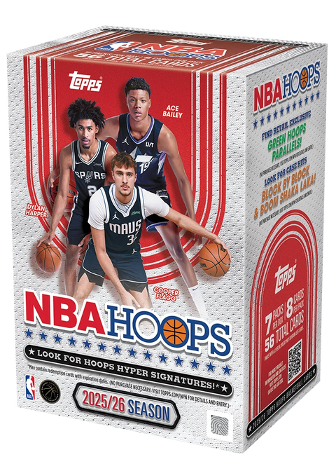 2025/26 Topps NBA Hoops Value Box – rot-weisse Verpackung mit drei Basketballspielern