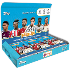 Topps Merlin UEFA Club Competitions 2024/25 Hobby Box – geöffnetes Display mit Booster Packs