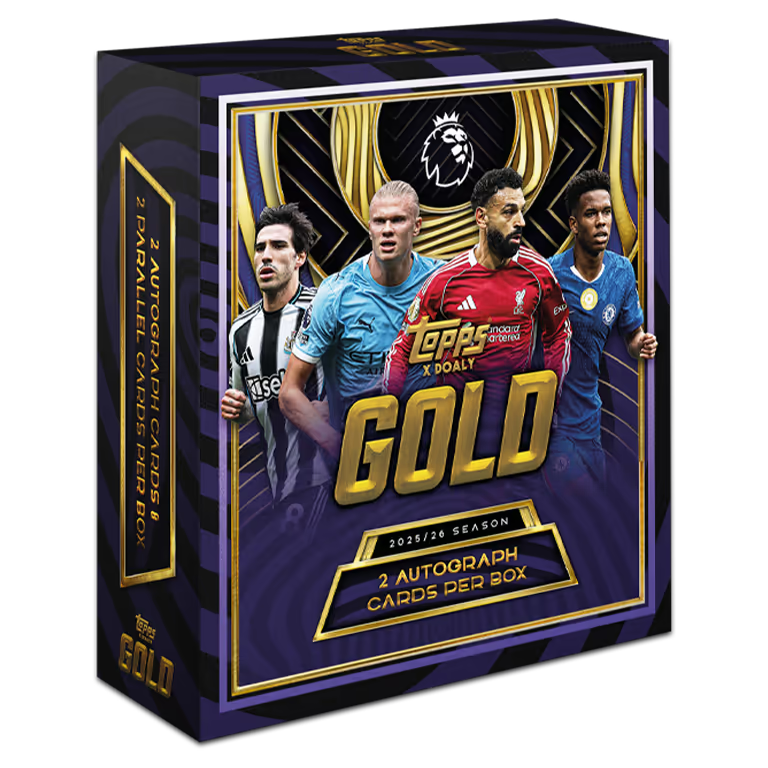 Topps Premier League Gold 2025/26 – violett-goldene Box mit vier Fussballspielern