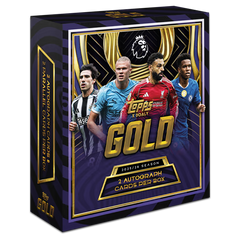 Topps Premier League Gold 2025/26 – violett-goldene Box mit vier Fussballspielern
