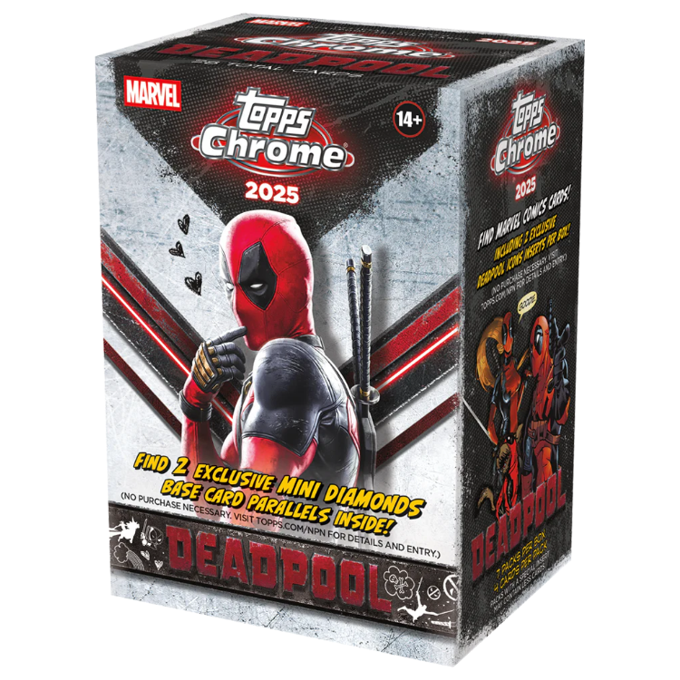 2025 Topps Chrome Deadpool Value Box - Vorderseite der Verpackung mit Deadpool Motiv