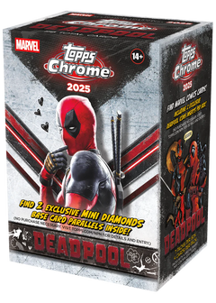 2025 Topps Chrome Deadpool Value Box - Vorderseite der Verpackung mit Deadpool Motiv