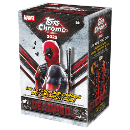 2025 Topps Chrome Deadpool Value Box - Vorderseite der Verpackung mit Deadpool Motiv