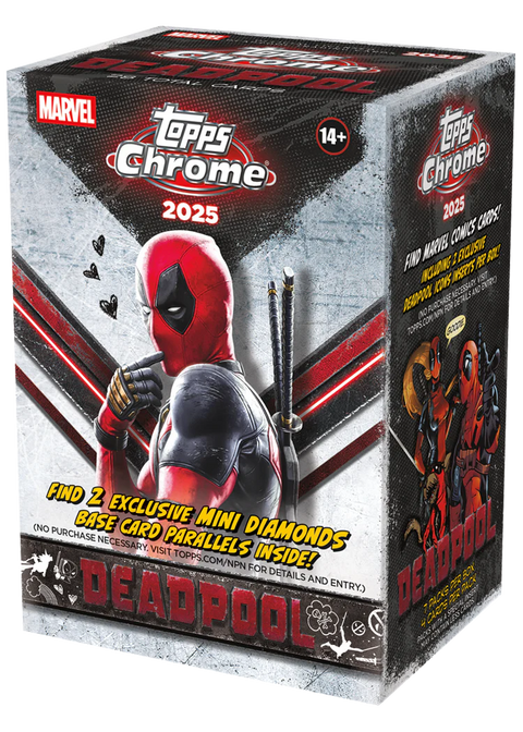 2025 Topps Chrome Deadpool Value Box - Vorderseite der Verpackung mit Deadpool Motiv