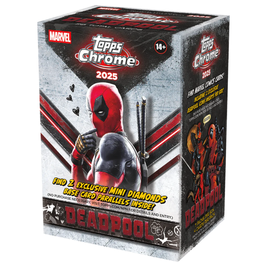 2025 Topps Chrome Deadpool Value Box - Vorderseite der Verpackung mit Deadpool Motiv