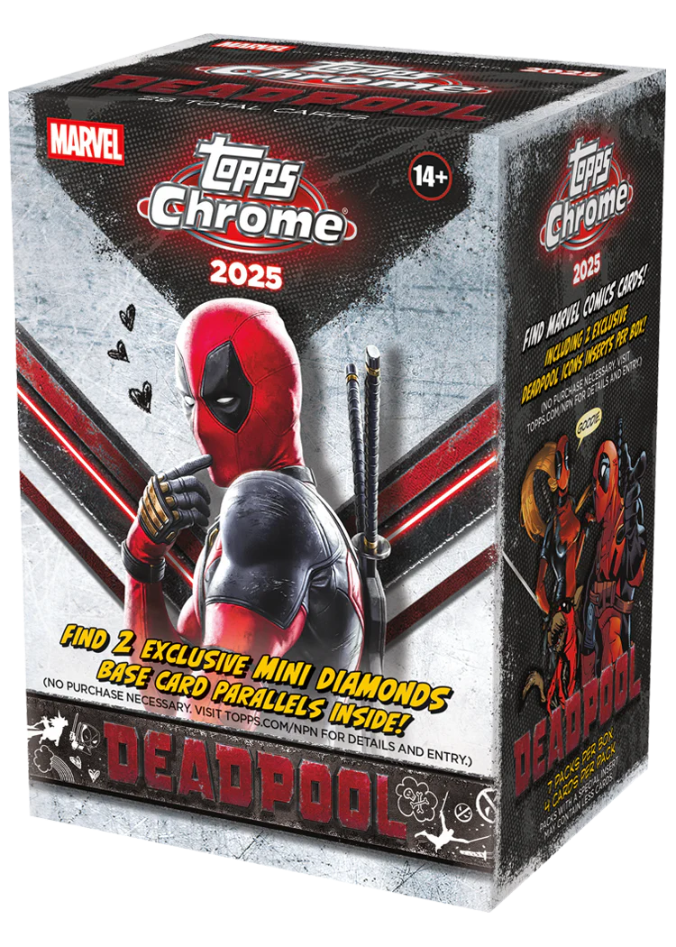 2025 Topps Chrome Deadpool Value Box - Vorderseite der Verpackung mit Deadpool Motiv