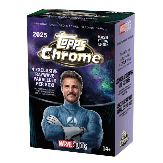 2025 Topps Chrome Marvel Studios Blaster Box - Vorderseite der geschlossenen Verpackung