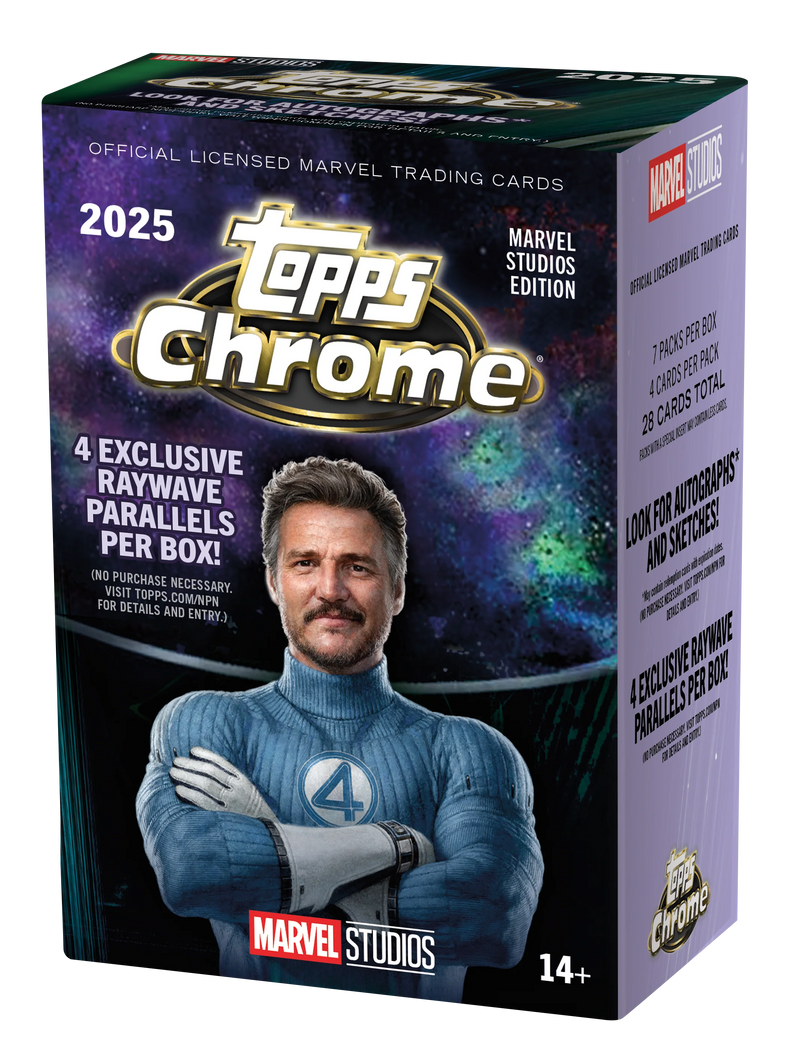 2025 Topps Chrome Marvel Studios Blaster Box - Vorderseite der geschlossenen Verpackung