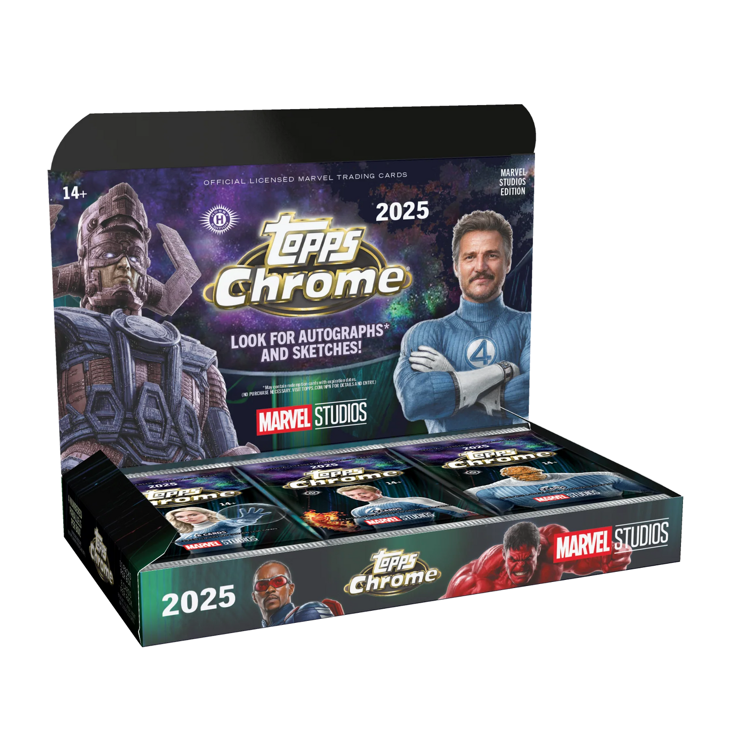 2025 Topps Chrome Marvel Studios Hobby Box - Geöffnete Trading Card Box mit Packs