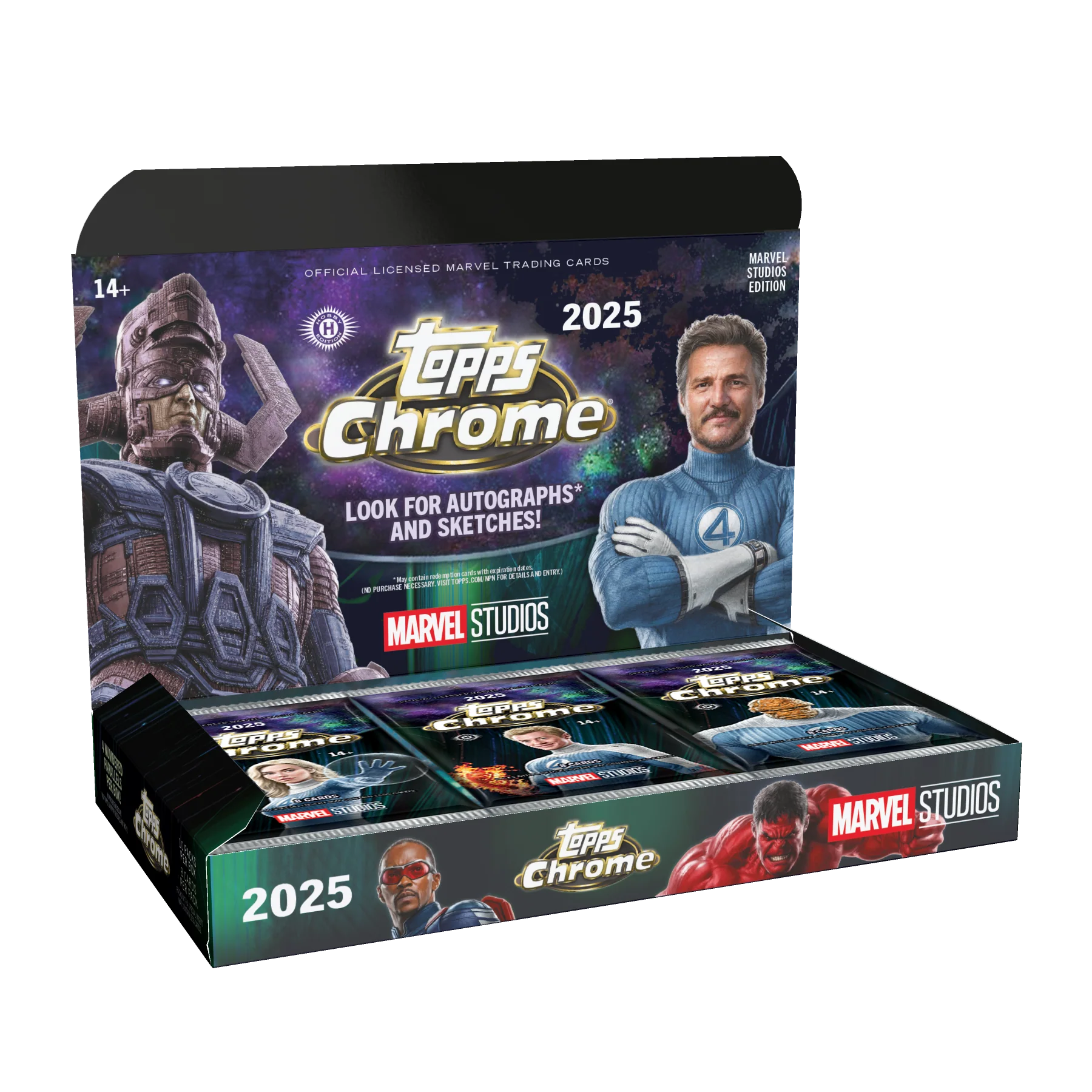 2025 Topps Chrome Marvel Studios Hobby Box - Geöffnete Trading Card Box mit Packs
