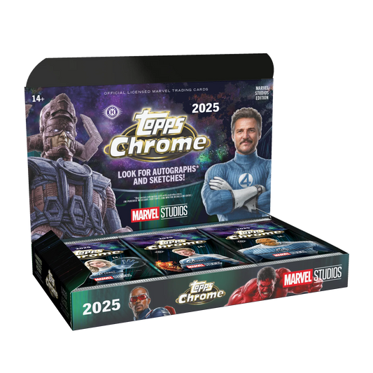 2025 Topps Chrome Marvel Studios Hobby Box - Geöffnete Trading Card Box mit Packs