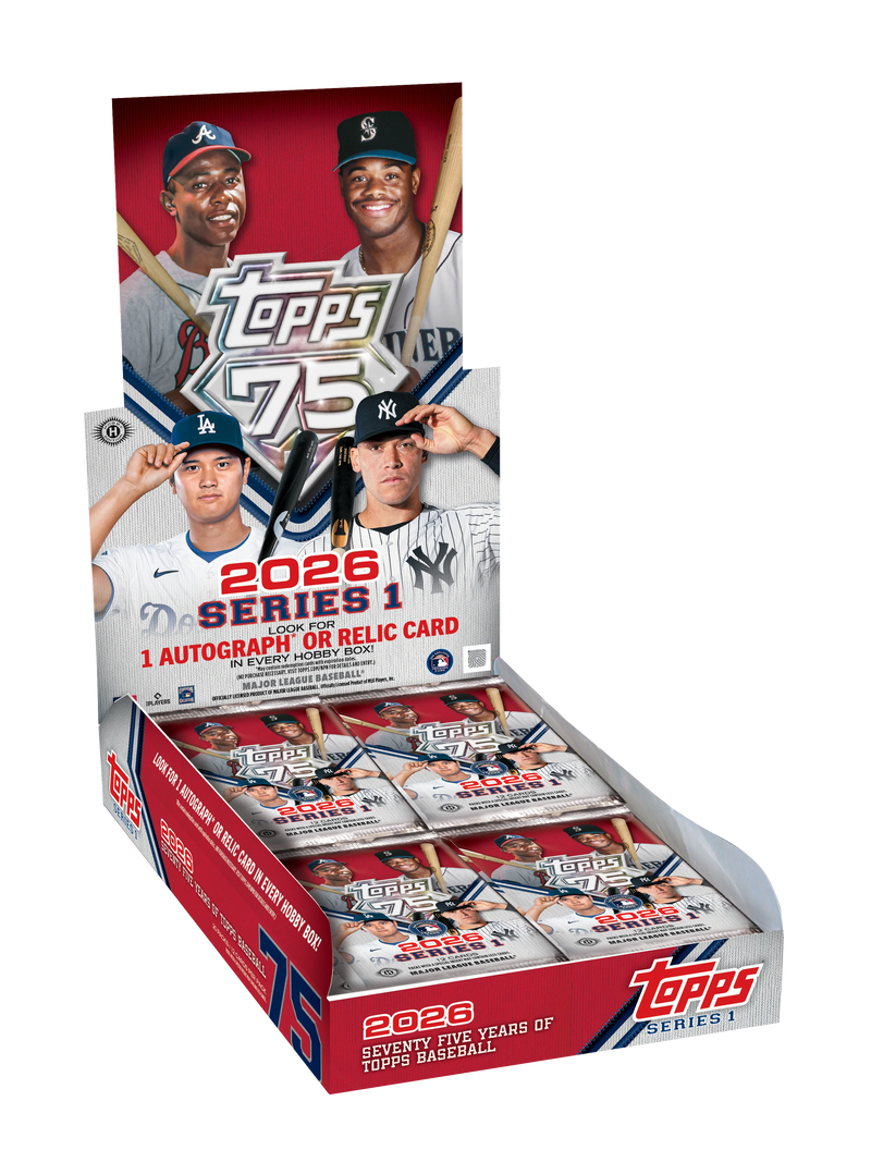2026 Topps Series 1 Baseball Hobby Box - Geöffnete Jubiläums-Box zum 75. Jahrestag mit Packs
