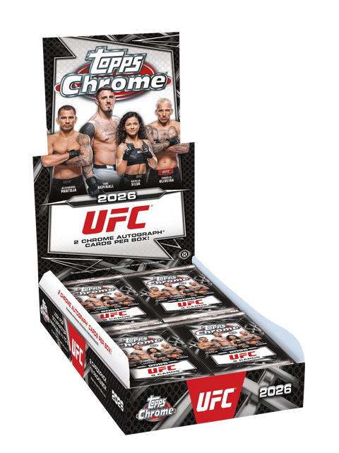 2026 Topps Chrome UFC Hobby Box – geöffnetes Display mit Booster Packs