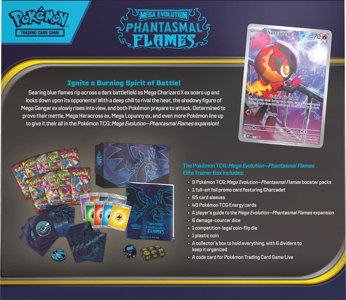 Inhalt der Pokémon Phantasmal Flames Elite Trainer Box mit Boostern, Promokarte und Zubehör