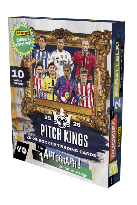 Panini Pitch Kings LaLiga 2025/26 Hobby International Box – Verpackung mit Fussballspielern im goldenen Rahmen