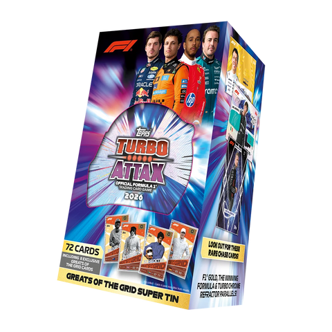 2026 Topps Turbo Attax Formula 1 Super Tin – Verpackung mit F1-Fahrern und abgebildeten Karten
