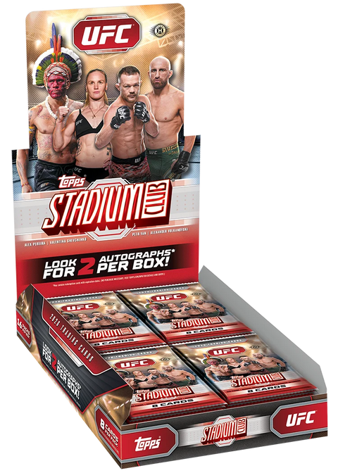 2026 Topps Stadium Club UFC Hobby Box – geöffnetes rot-goldenes Display mit Booster Packs