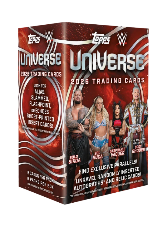 2026 Topps Universe WWE Value Box – rote Verpackung mit WWE-Wrestlern