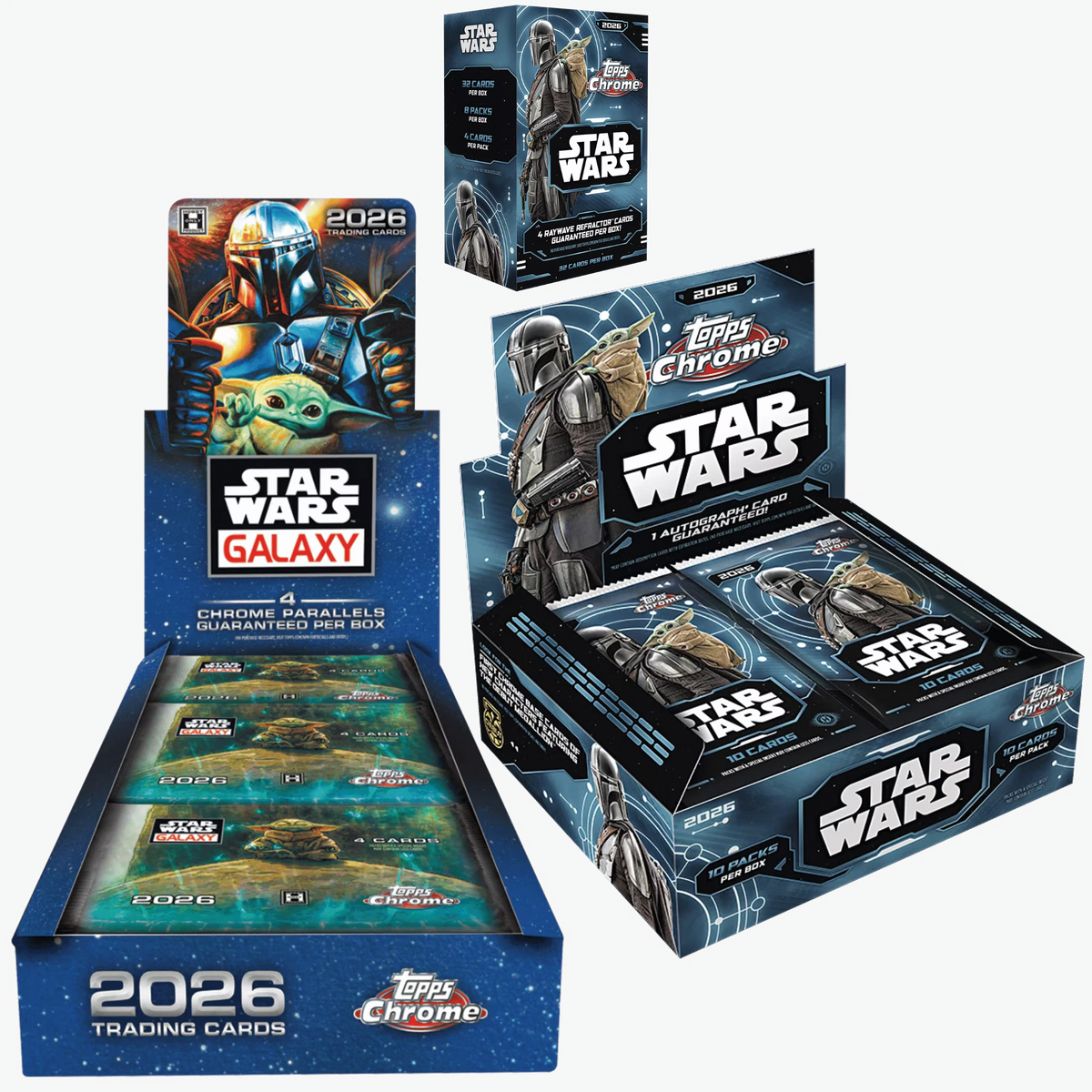2026 Topps Star Wars Chrome Complete Bundle mit Galaxy Hobby Box, Chrome Hobby Box und Chrome Value Box