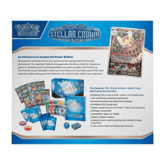 Rückseite der Stellar Crown Elite Trainer Box mit Inhaltsübersicht, Noctowl-Promokarte und Zubehör
