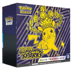 Englische Pokémon Surging Sparks Elite Trainer Box mit Pikachu auf der Verpackung