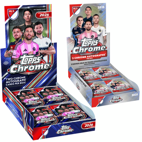 Topps Chrome MLS Hobby Box Bundle 2025 und 2026 – zwei geöffnete Displays
