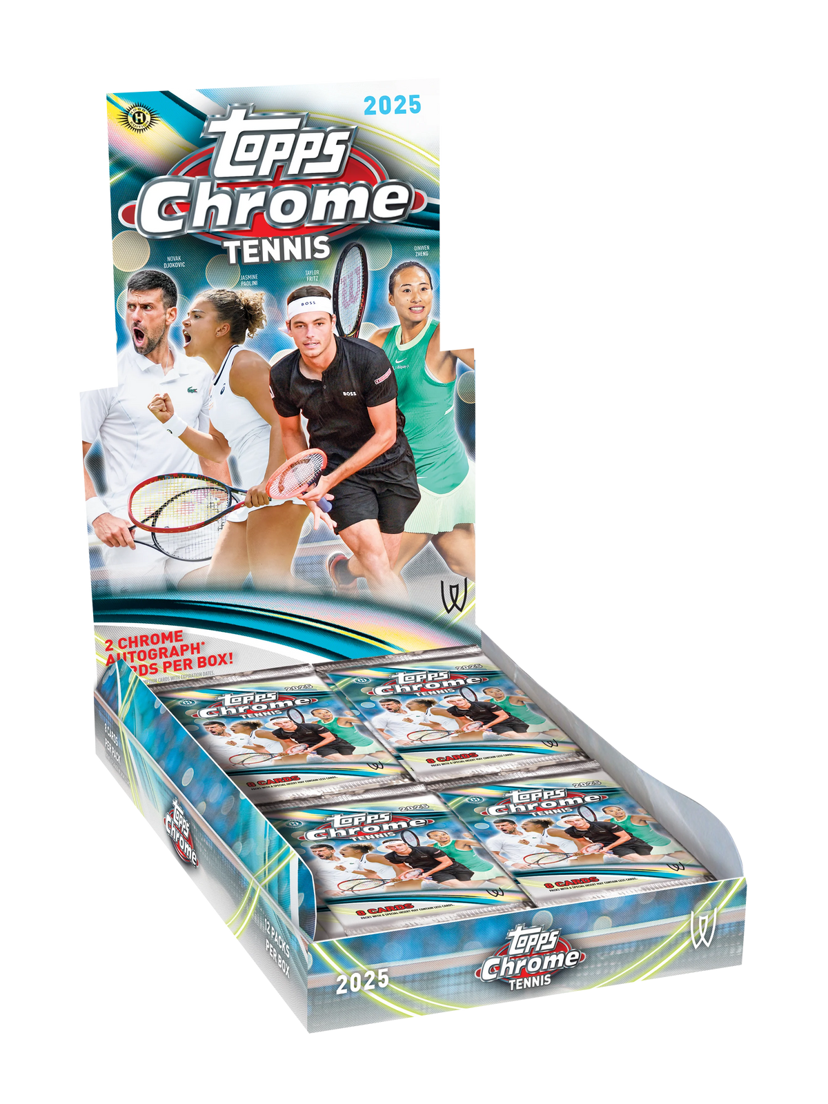 2025 Topps Chrome Tennis Hobby Box – geöffnetes Display mit Booster Packs