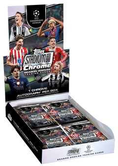 2025/26 Topps Stadium Club Chrome UEFA Champions League Hobby Box – geöffnetes Display mit Fussballspielern und Packs
