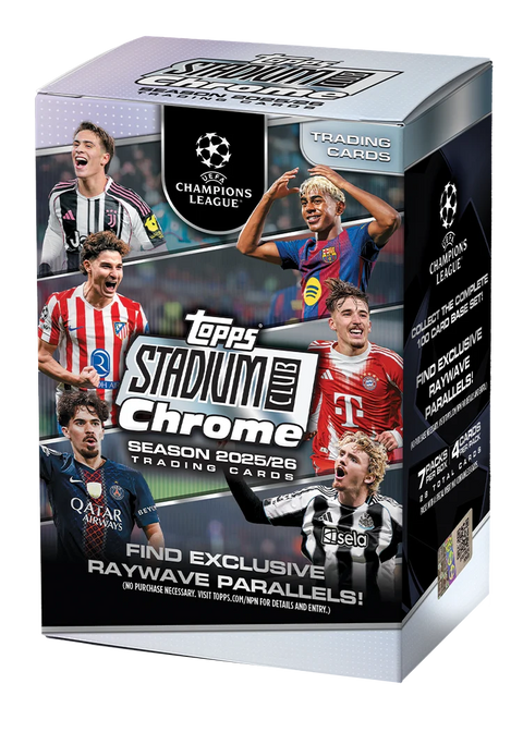 2025/26 Topps Stadium Club Chrome UEFA Champions League Value Box – Verpackung mit Fussballspielern und Raywave-Aufdruck