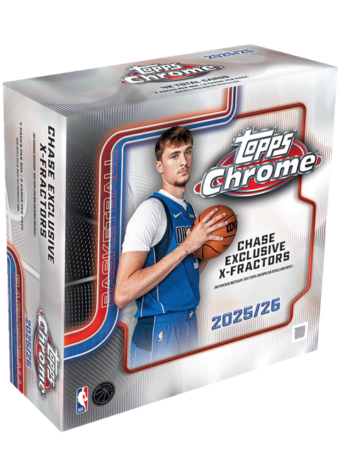 2025/26 Topps Chrome Basketball Mega Box – silberfarbene Verpackung mit Basketballspieler und X-Fractors-Aufdruck