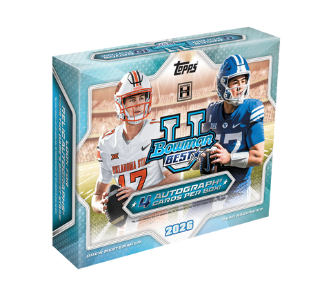 2026 Bowman U Best Football Hobby Box – türkisfarbene Verpackung mit zwei College-Footballspielern