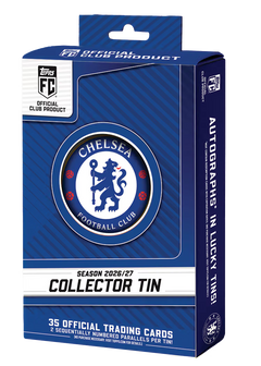 Topps Collector Tin Chelsea FC 2026/27 – blaue Verpackung mit Chelsea-Wappen