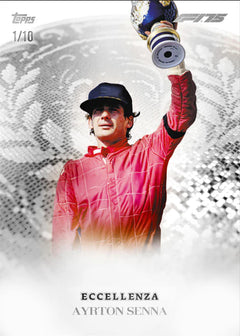 Beispielkarte: Ayrton Senna mit Siegerpokal, nummeriert 1/10, aus Topps F1 Eccellenza 2025