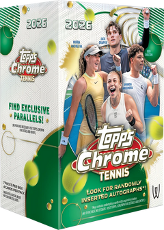 2026 Topps Chrome Tennis Value Box – geschlossene grün-weisse Verpackung mit vier Tennisspielern
