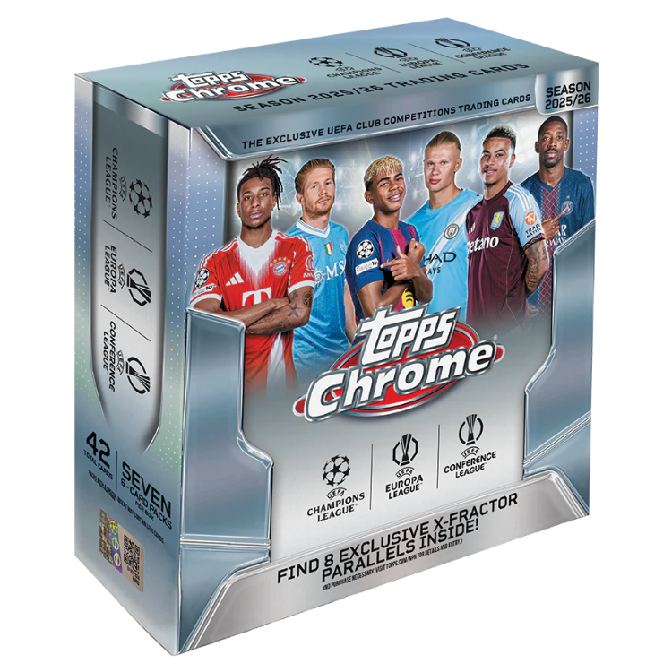 Topps Chrome UEFA Club Competitions 2025/26 Mega Box - Fußball Trading Cards mit Haaland und De Bruyne